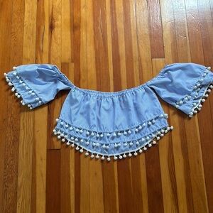 Blue and White Stripe Off Shoulder Pom Pom Crop Top